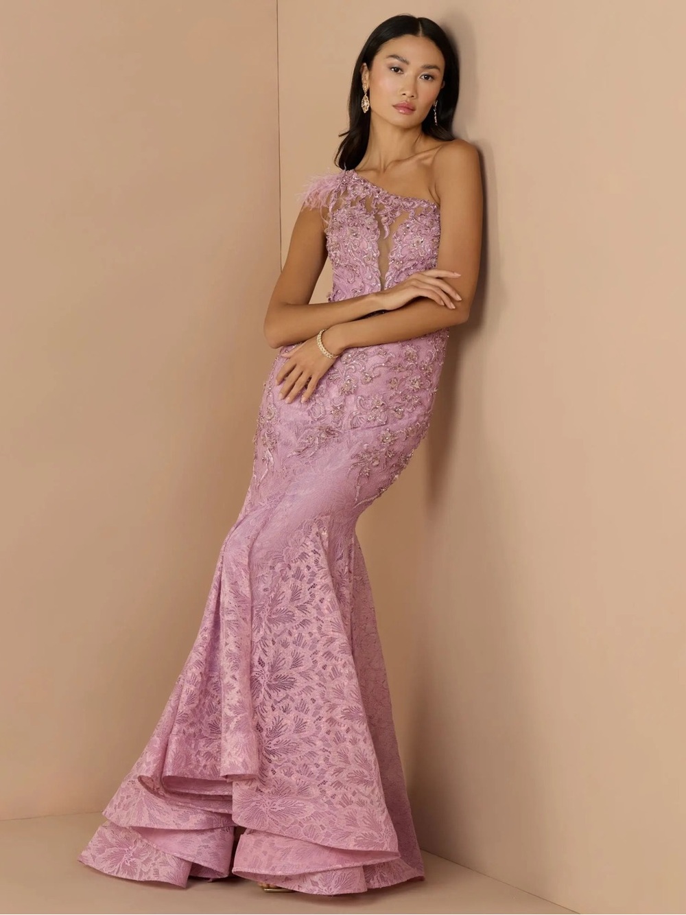 Mac Duggal 79264 Pink Embellished Lace One Shoulder Gown Feather Detail Size 4